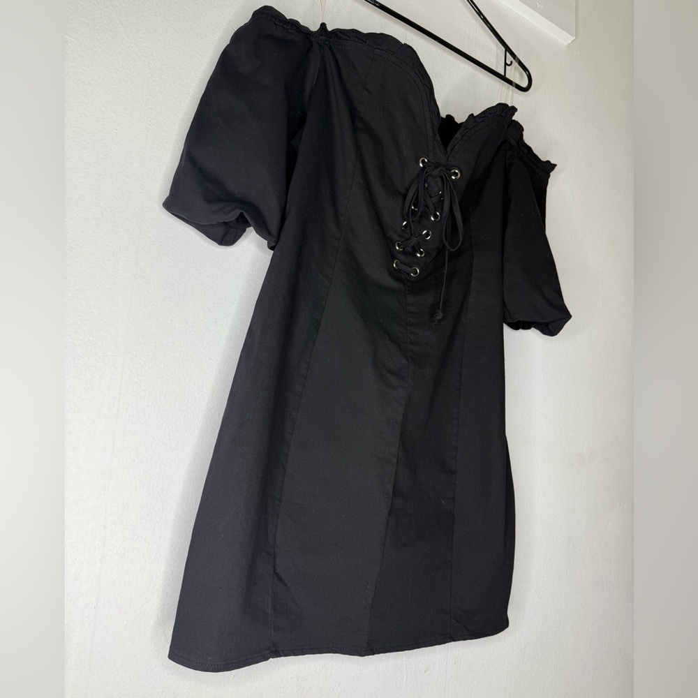 Better Be Black Off-Shoulder Lace-Up Mini Dress